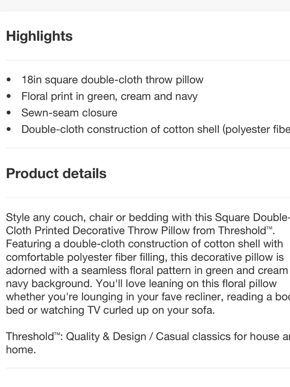 NEW Threshold Botanical Cotton Pattern Navy Blue/Green Square Pillow